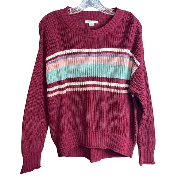 American Eagle Womens Knit Sweater S Berry Red Stripe Crewneck - Picture 1 of 6